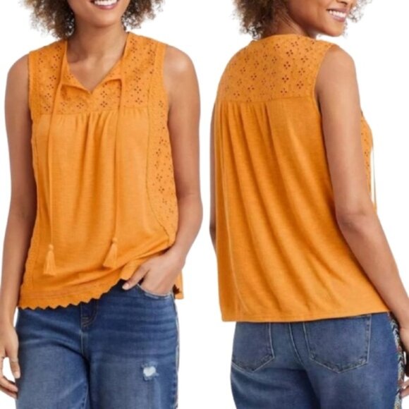 Knox Rose Mustard Yellow Mixed Media Blouse Eyelet Ribbed Tie-Neck Tassel - Picture 1 of 13